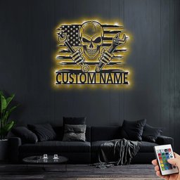 Custom US Skull Mechanic Cut Metal Sign With LED Light, Personalized Mechanic Garage Name Sign Decoration For Room, Mechanic Metal LED Decor    Without LED 18 inches