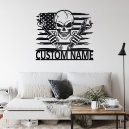 Custom US Skull Mechanic Cut Metal Sign With LED Light, Personalized Mechanic Garage Name Sign Decoration For Room, Mechanic Metal LED Decor    Without LED 30 inches