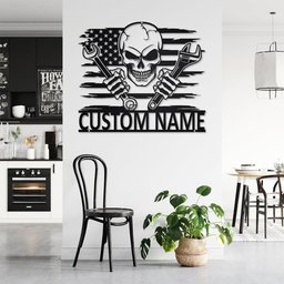 Custom US Skull Mechanic Cut Metal Sign With LED Light, Personalized Mechanic Garage Name Sign Decoration For Room, Mechanic Metal LED Decor    Without LED 36 inches