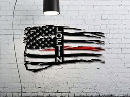 Personalized Tattered Thin Red Line American Flag Custom Metal Wall Art