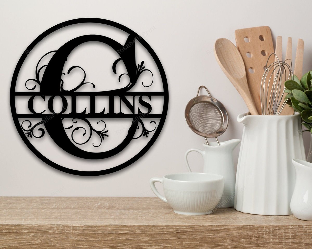 Custom Family Name Metal Sign Initial Sign Metal Monogram Sign Door Hanger Last Name Sign Metal Decorative Wall Art | Rosabella Print Cut Metal Sign 8x8in
