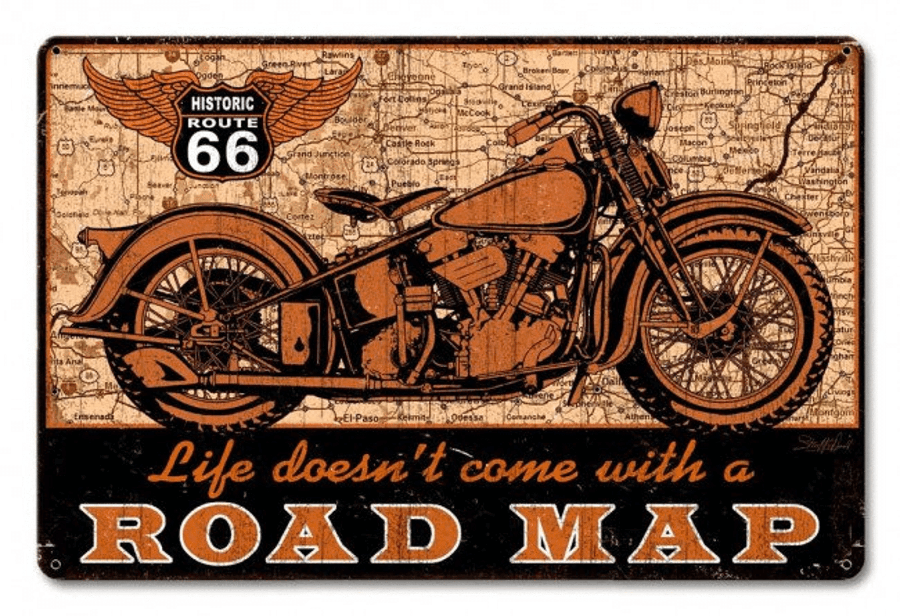 Road Map Route 66 Motorcycle Art On Metal Signs Vintage Style Garage ...