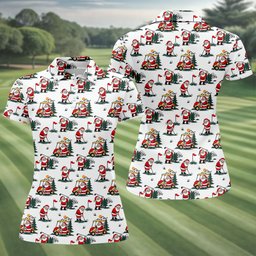 Santa Golf Cart Pattern Christmas Golf Shirt, Golf Shirts For Women, Womens Golf Tops