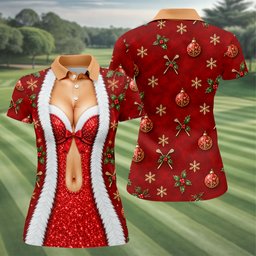 Red Sequin Fur Corset Christmas Golf Shirt, Womens Golf Apparel, Womens Golf Tops