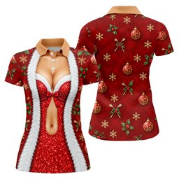 Red Sequin Fur Corset Christmas Golf Shirt, Womens Golf Apparel, Womens Golf Tops
