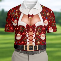 Santa Print Lace Up Corset Christmas Golf Shirt, Golf Gifts For Men, Mens Golf Polo