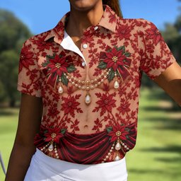 Red Poinsettia Pearls Christmas Golf Shirt, Golf Shirts For Women, Ladies Golf Tops
