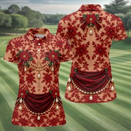 Red Poinsettia Pearls Christmas Golf Shirt, Golf Shirts For Women, Ladies Golf Tops