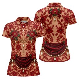 Red Poinsettia Pearls Christmas Golf Shirt, Golf Shirts For Women, Ladies Golf Tops