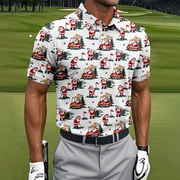 Santa Golf Cart Pattern Christmas Golf Shirt, Golf Polo For Men, Golf Shirts For Men
