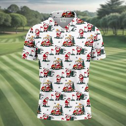Santa Golf Cart Pattern Christmas Golf Shirt, Golf Polo For Men, Golf Shirts For Men