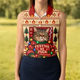 Red Festive As F*ck Cat Christmas Golf Shirt, Womens Golf Apparel, Womens Golf Shirts