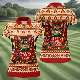 Red Festive As F*ck Cat Christmas Golf Shirt, Womens Golf Apparel, Womens Golf Shirts