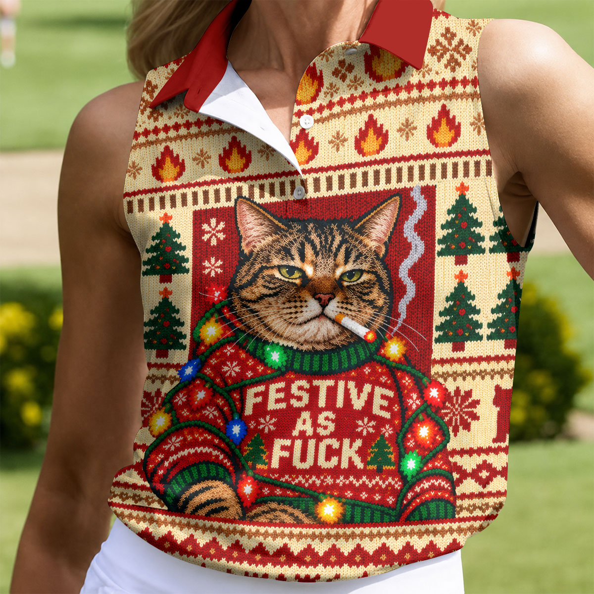 Red Festive As F*ck Cat Christmas Golf Shirt, Womens Golf Apparel, Womens Golf Shirts