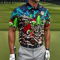 Alien Santa UFO Aurora Christmas Golf Shirt, Mens Golf Polo, Mens Holiday Golf Shirts