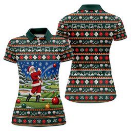 Santa Swing Fair Isle Christmas Golf Shirt, Ladies Golf Shirts, Golf Shirts For Women