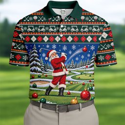 Santa Swing Fair Isle Christmas Golf Shirt, Mens Golf Shirts, Funny Mens Golf Shirts
