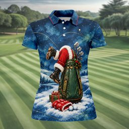 Blue Santa Golf Bag Christmas Golf Shirt, Golf Shirts For Women, Ladies Golf Shirts