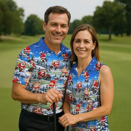 Snowy Santa Golf Pattern Christmas Golf Shirt, Funny Mens Golf Shirts, Mens Golf Polo