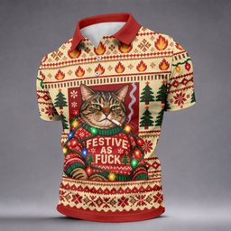 Red Festive As F*ck Cat Christmas Golf Shirt, Mens Golf Clothing, Golf Gifts For Men