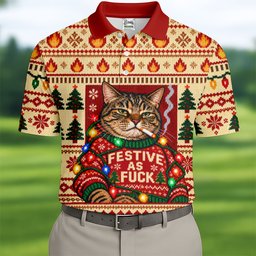 Red Festive As F*ck Cat Christmas Golf Shirt, Mens Golf Clothing, Golf Gifts For Men