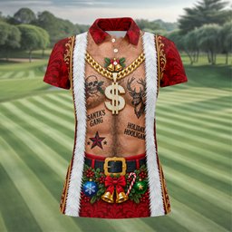 Santa's Gang Hairy Chest Christmas Golf Shirt, Womens Golf Tops, Ladies Golf Apparel