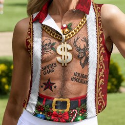 Santa's Gang Hairy Chest Christmas Golf Shirt, Womens Golf Tops, Ladies Golf Apparel