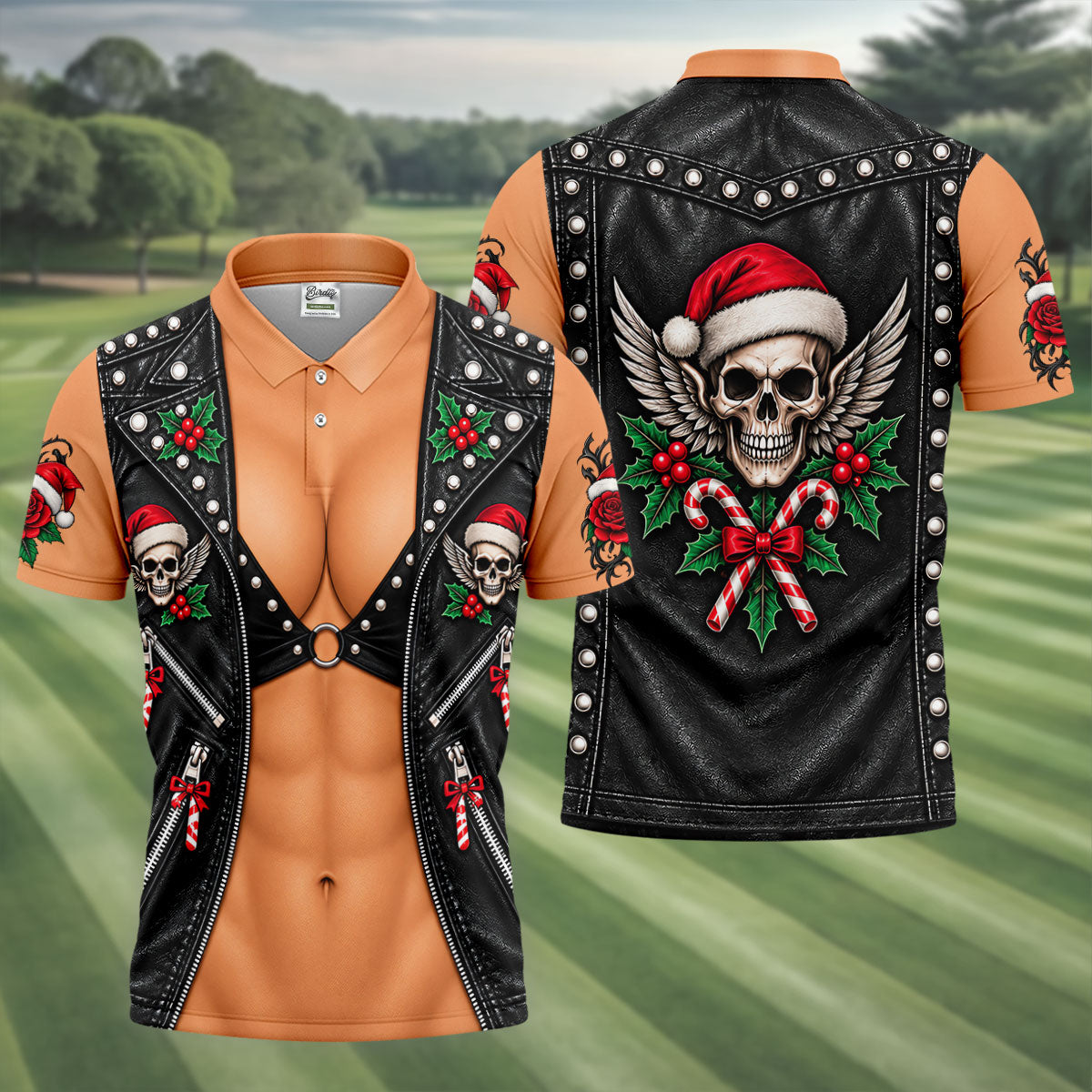 Santa Skull Biker Vest Christmas Golf Shirt, Mens Golf Apparel, Mens Golf Clothing