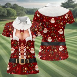 Santa Print Lace Up Corset Christmas Golf Shirt, Ladies Golf Tops, Womens Golf Tops