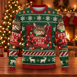 Green Festive As F*ck Cat Ugly Christmas Sweater, Ugly Sweater Party, Christmas Gifts