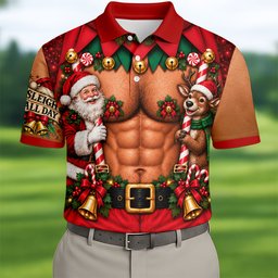 Sleigh All Day Muscle Santa Christmas Golf Shirt, Mens Golf Apparel, Mens Golf Polo