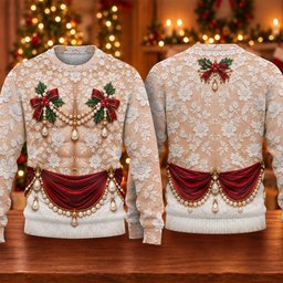 White Lace Pearls Ugly Christmas Sweater, Christmas Party Outfit, Funny Xmas Gift
