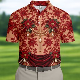 Red Poinsettia Lace Pearls Christmas Golf Shirt, Golf Polo For Men, Mens Golf Polo