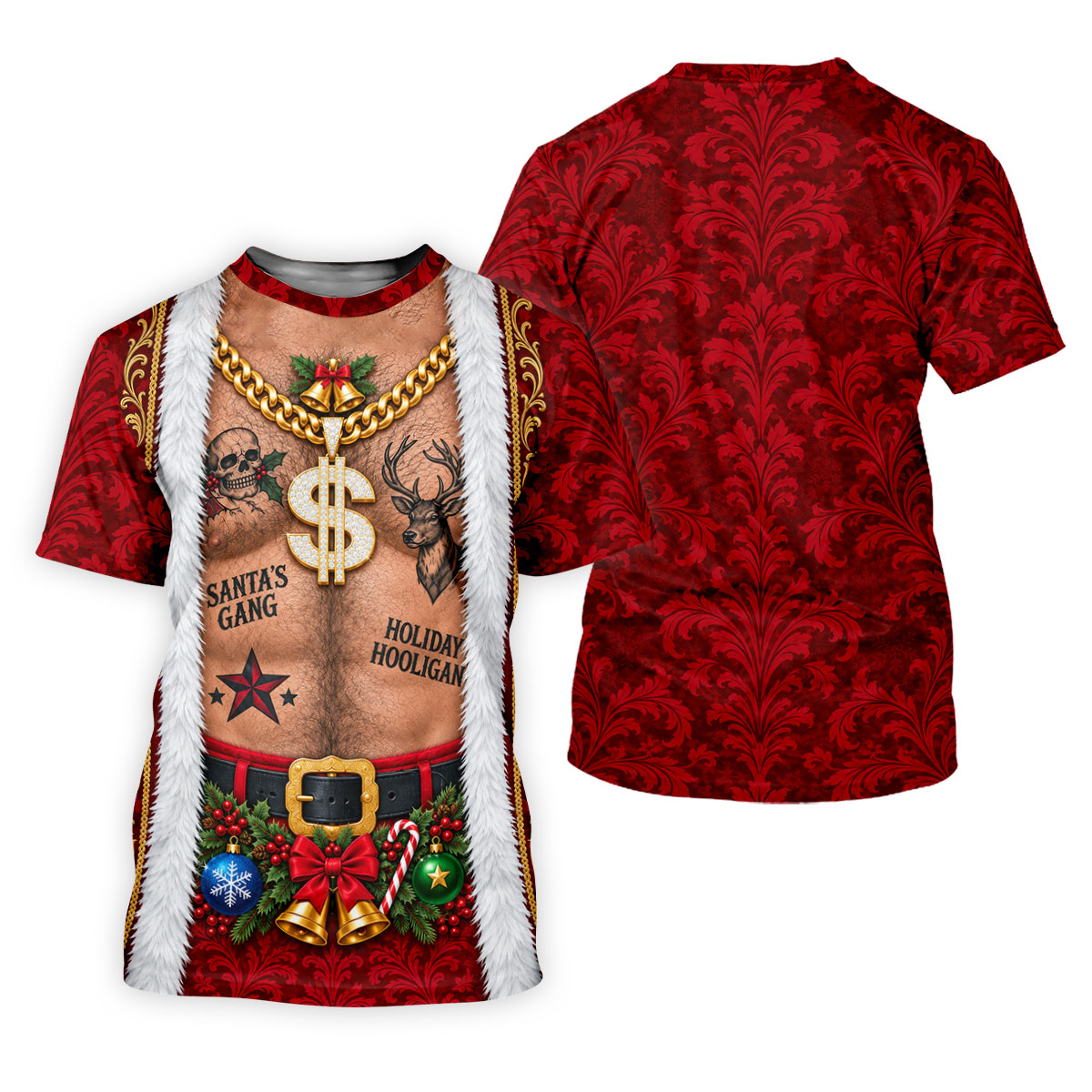 Santa's Gang Hairy Chest Christmas Golf Shirt, Mens Golf Apparel, Golf Gifts For Men