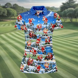 Snowy Santa Golf Pattern Christmas Golf Shirt, Womens Golf Shirts, Ladies Golf Shirts