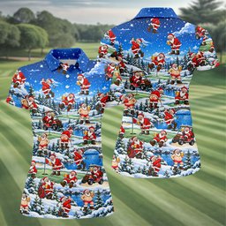 Snowy Santa Golf Pattern Christmas Golf Shirt, Womens Golf Shirts, Ladies Golf Shirts