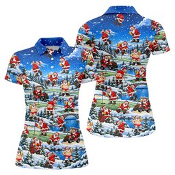 Snowy Santa Golf Pattern Christmas Golf Shirt, Womens Golf Shirts, Ladies Golf Shirts