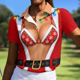 Santa Coat Bikini Lights Christmas Golf Shirt, Ladies Golf Tops, Womens Golf Apparel