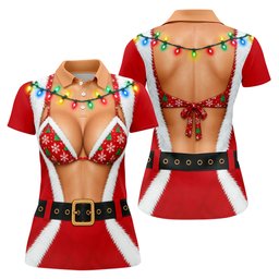 Santa Coat Bikini Lights Christmas Golf Shirt, Ladies Golf Tops, Womens Golf Apparel