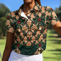 Green Holly Pearls Christmas Golf Shirt, Golf Gifts For Women, Womens Golf Clothing