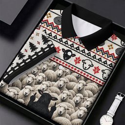 Black Sheep Fair Isle Christmas Golf Shirt, Mens Golf Polo, Mens Holiday Golf Shirts