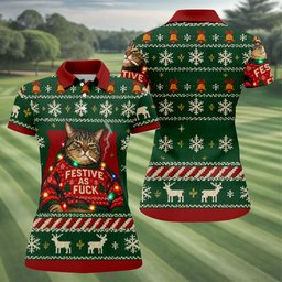 Green Festive As F*ck Cat Christmas Golf Shirt, Ladies Golf Shirts, Womens Golf Tops