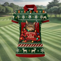 Green Festive As F*ck Cat Christmas Golf Shirt, Ladies Golf Shirts, Womens Golf Tops