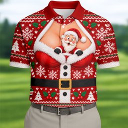 Santa Peeking Busty Knit Christmas Golf Shirt, Funny Mens Golf Shirts, Mens Golf Polo