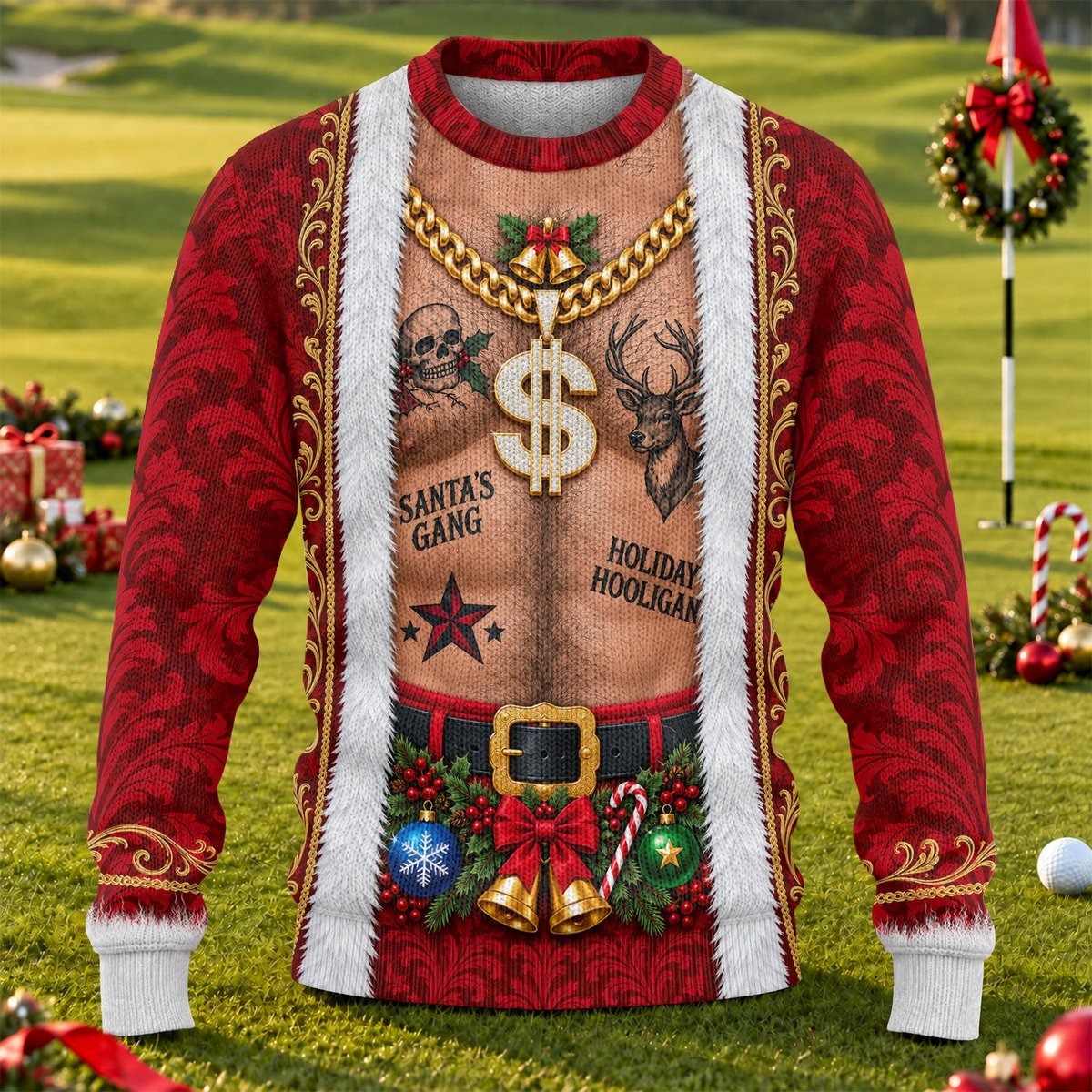 Santa's Gang Hairy Chest Ugly Christmas Sweater, Ugly Sweater Party, Golf Lover Gifts