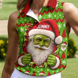 Custom Name Green Santa Christmas Golf Shirt, Ladies Golf Shirts, Womens Golf Apparel