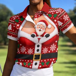 Santa Peeking Busty Knit Christmas Golf Shirt, Ladies Golf Tops, Golf Gifts For Women