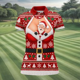Santa Peeking Busty Knit Christmas Golf Shirt, Ladies Golf Tops, Golf Gifts For Women