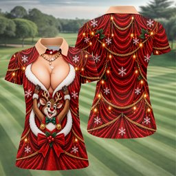 Busty Reindeer Santa Suit Christmas Golf Shirt, Womens Golf Tops, Ladies Golf Shirts