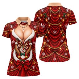 Busty Reindeer Santa Suit Christmas Golf Shirt, Womens Golf Tops, Ladies Golf Shirts